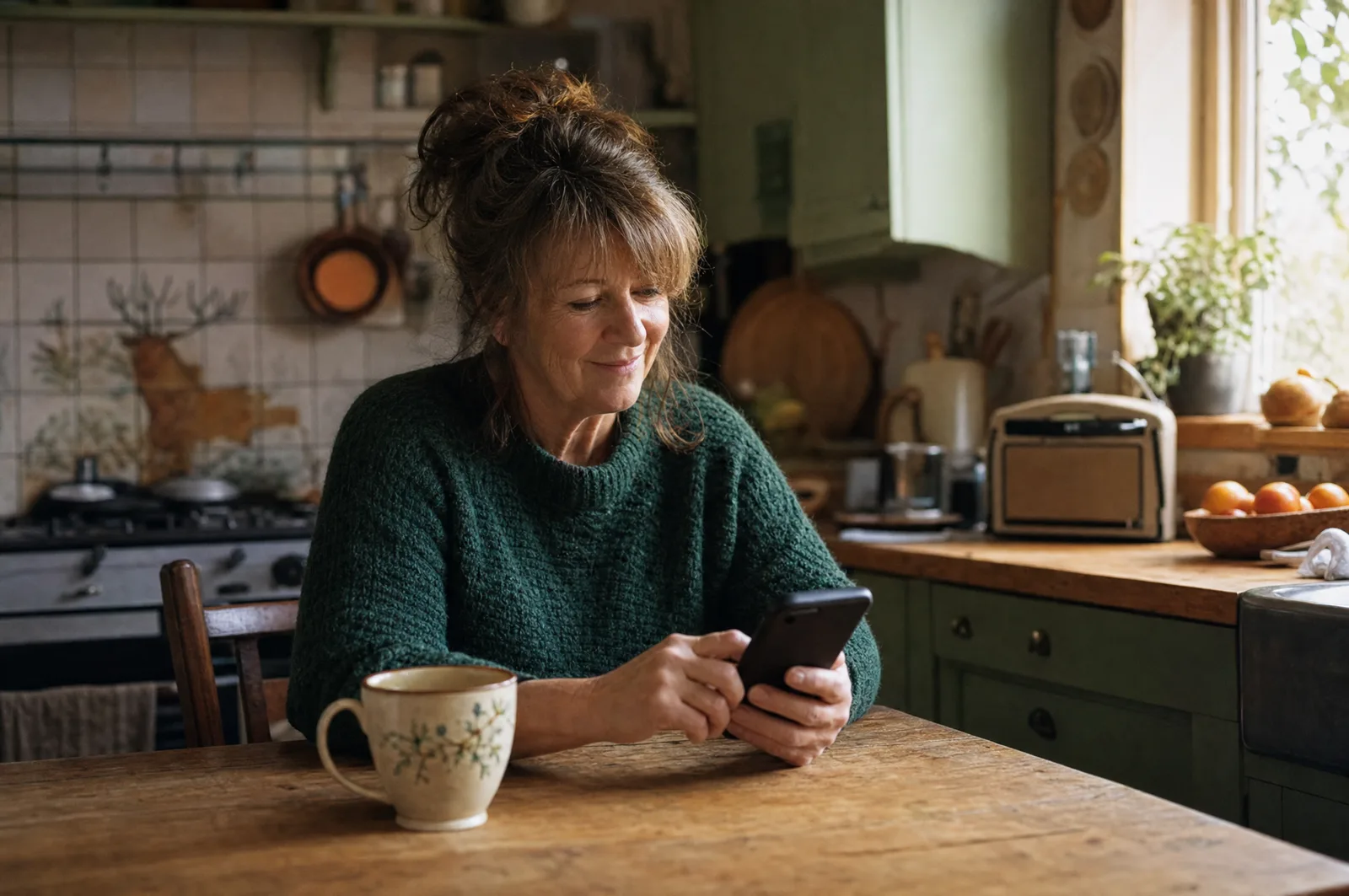 Homeowner at their kitchen table tapping a booking reminder on their phone