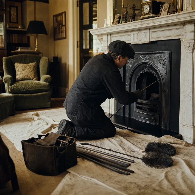 Chimney sweep at work on a fireplace