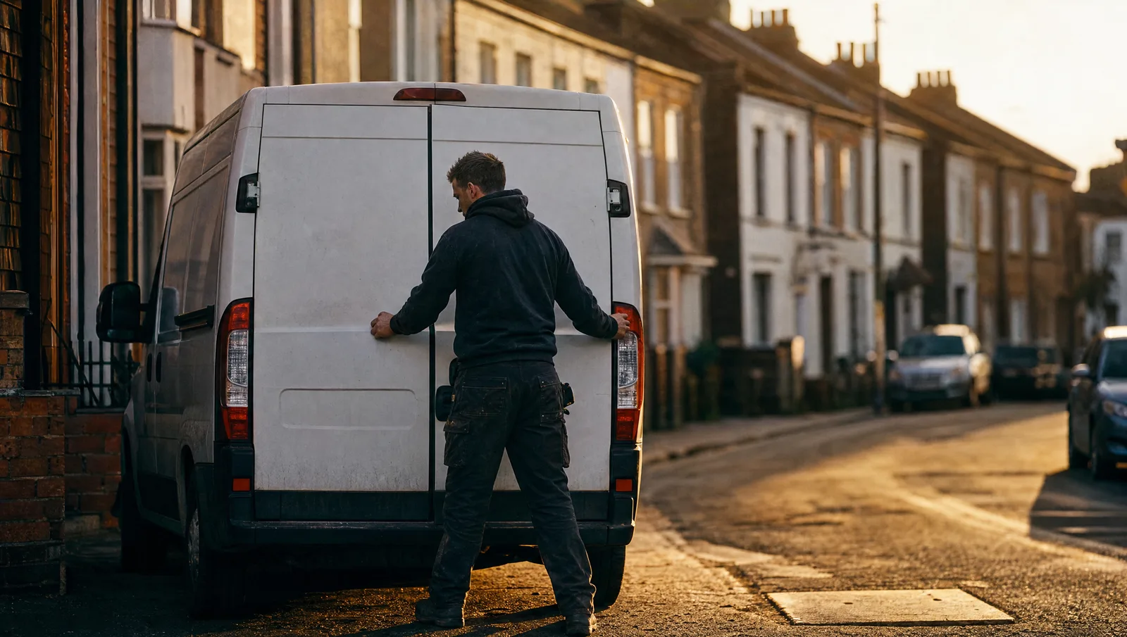 Tradesperson closing up their van at golden hour at the end of a good day