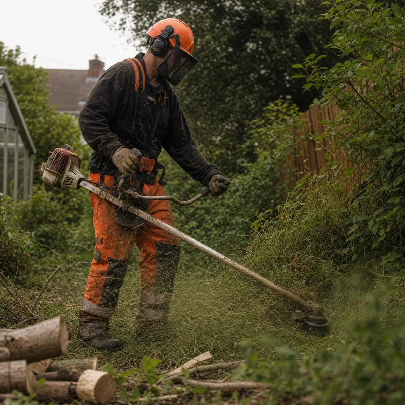 Gardener trimming a hedge in a UK garden