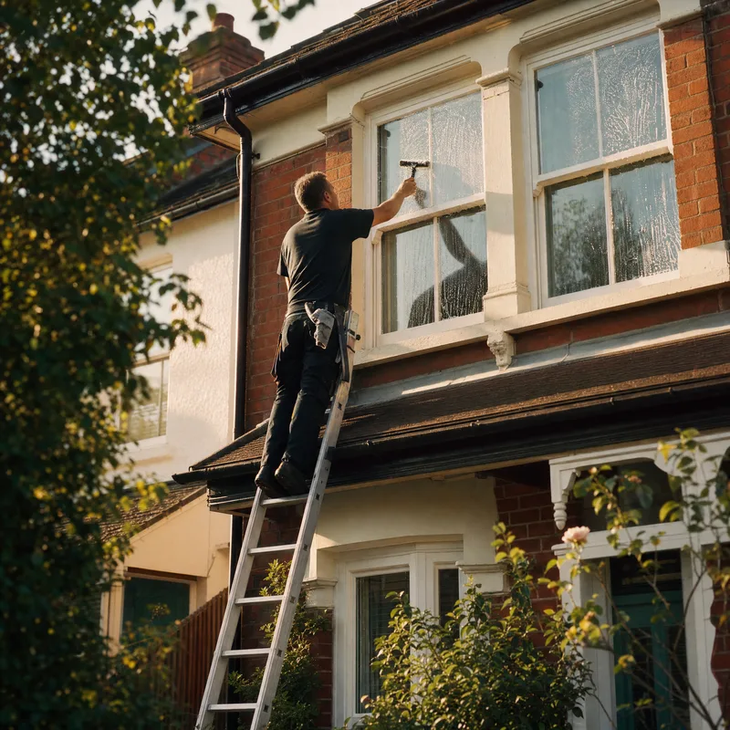 Window cleaner working on a house front